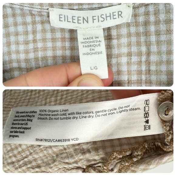 Eileen Fisher Gingham Puckered Organic Linen Sleeveless Shirt in Pebble | Large - Picture 8 of 8